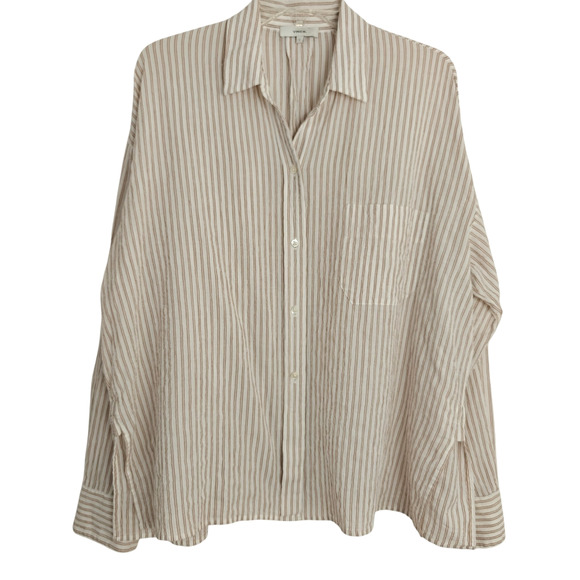 Vince Double Bar Striped Boxy Button Front Shirt Size Large Crinkle Gauze Top - Picture 2 of 12